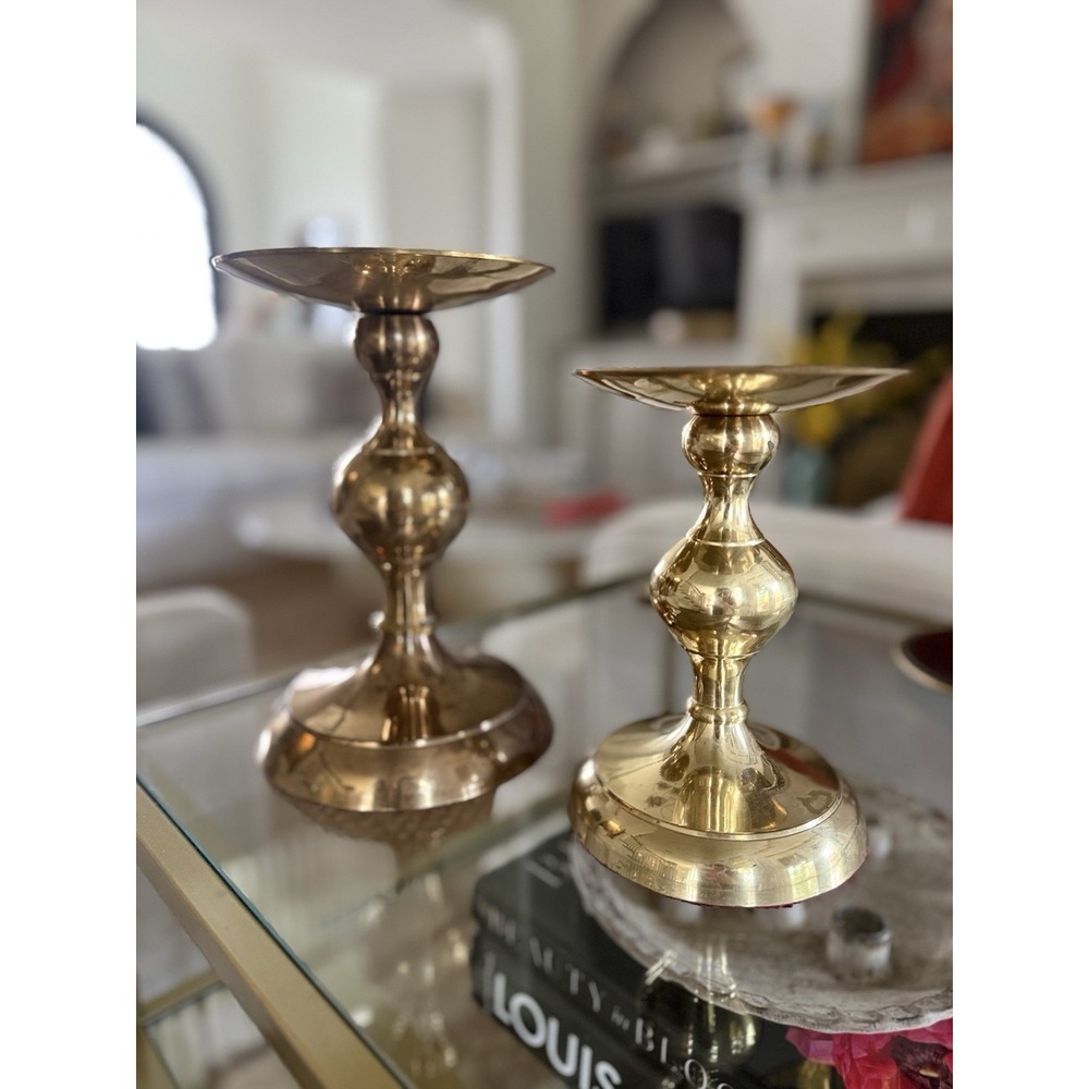 Vintage Solid Brass Bulb Pillar Candle Holders Pair Graduated Hollywood Regency